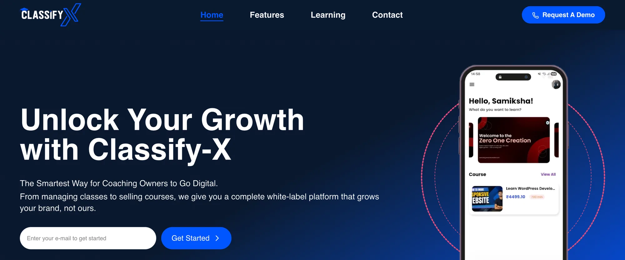 Classify-X home page: a white-label learning platform built by Zero One Creation