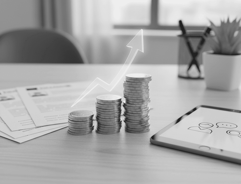 Stack of coins with upward arrow